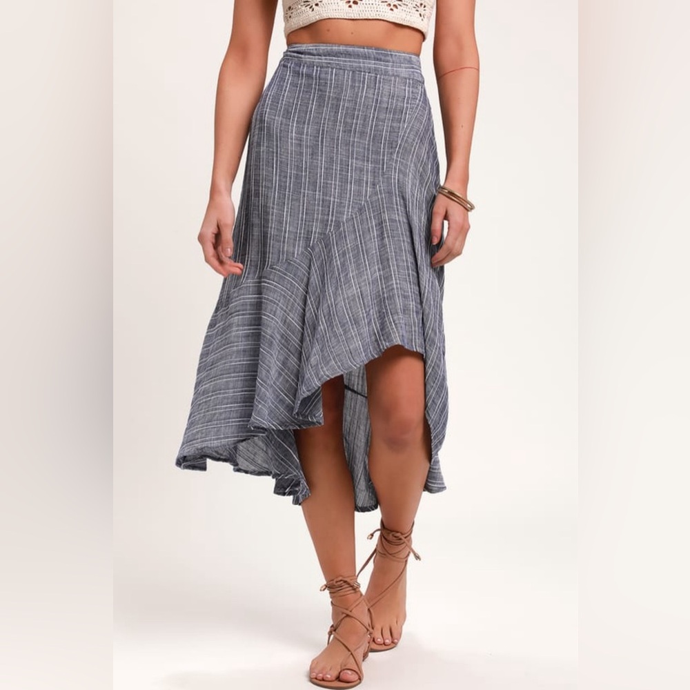 By the Bay Washed Blue and White Striped Ruffled Midi Skirt